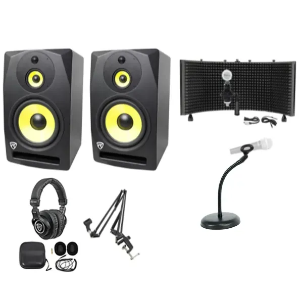 Pair Rockville DPM10B 10" 800w Active Studio Monitors+Headphones+Mic+Shield+Boom