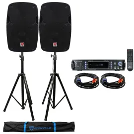 (2) Rockville SPG84 8" 800w DJ PA Speakers+Bluetooth Amplifier+Stands+Cables+Bag