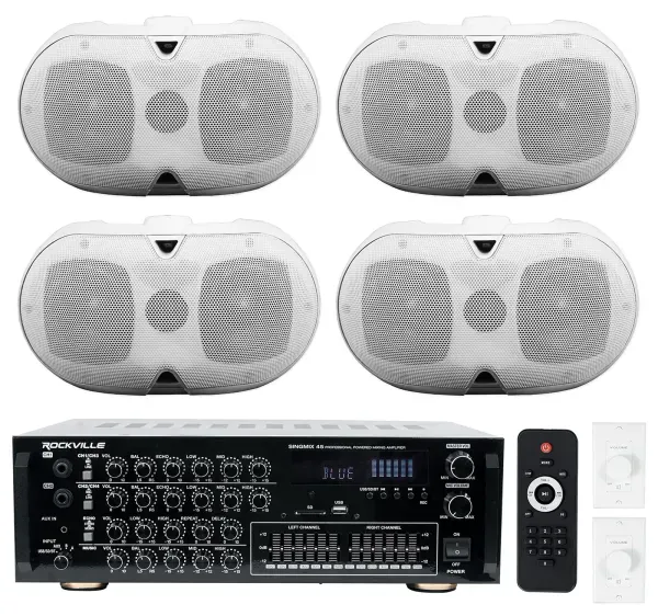 Rockville Amp+(4) White Dual 4" Speakers+Wall Controls For Restaurant/Bar/Cafe