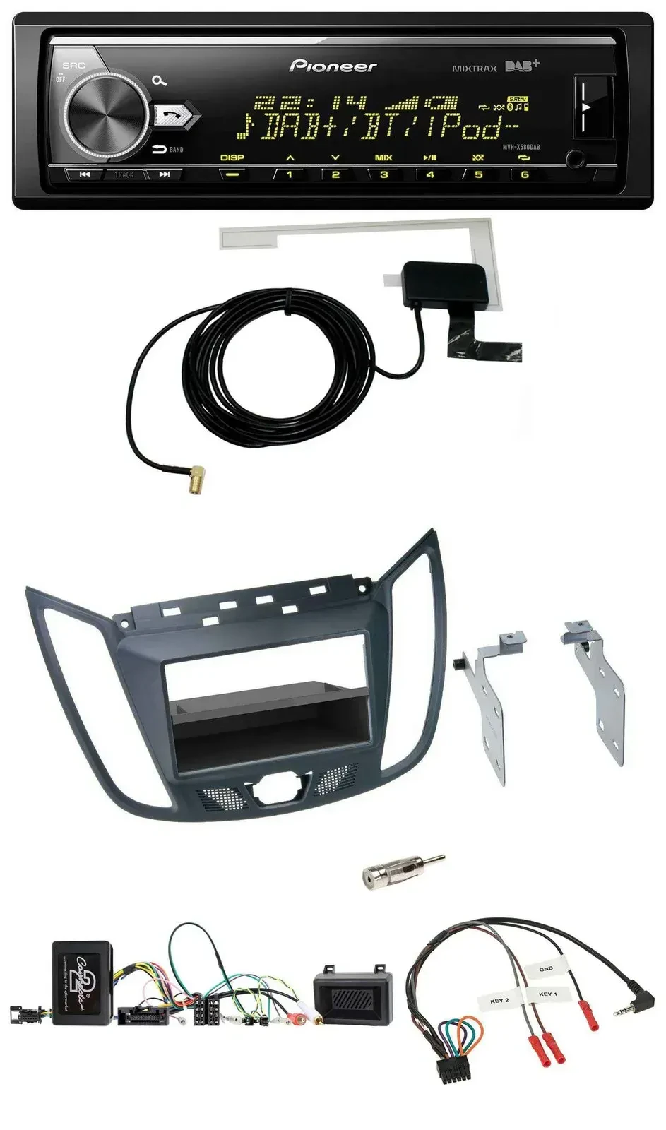 Автомагнитола Pioneer Bluetooth, DAB, USB, с поддержкой кнопок на руле, для Ford C-Max/Kuga, тёмно-серая