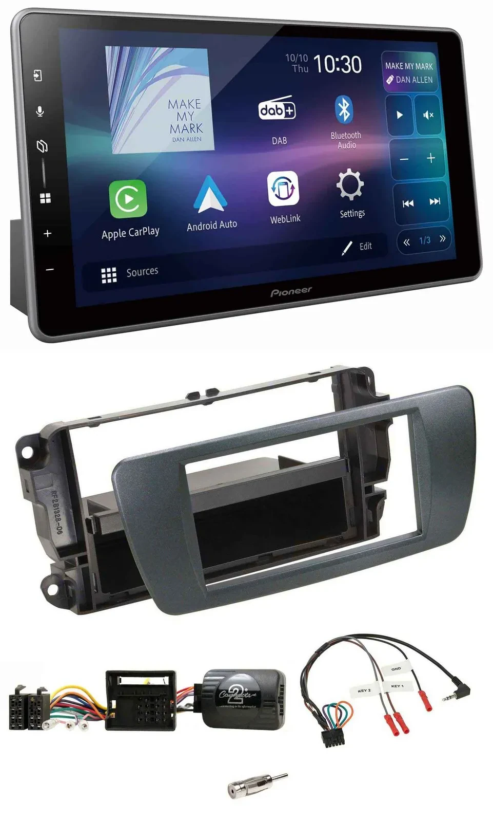 Автомагнитола для Seat Ibiza Pioneer Bluetooth, USB, DAB, черный, совместим с кнопками на руле