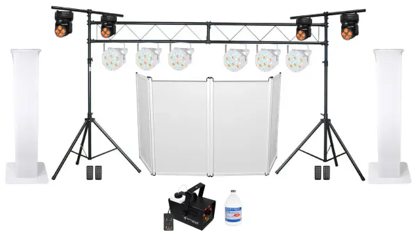 (2) DJ Totem Stands+Facade+(6) Pars+(4) Moving Heads+LED Fogger+Truss Bar System