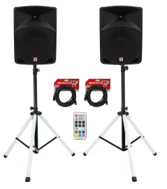 (2) Rockville RPG10 10" Powered Active 600 Watt DJ PA Speakers+LED Stands+Cables