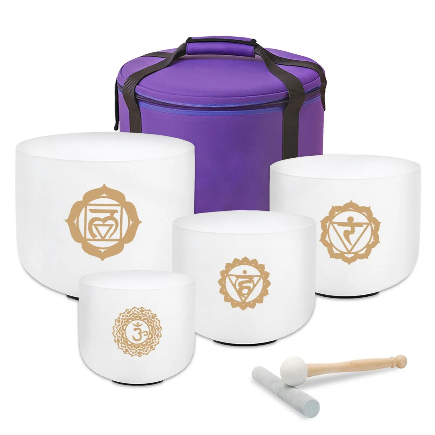 Поющая чаша keepdrum Quarz Klangschalen-Set OM Gold 4-Chakren (набор, 4 шт.) с аксессуарами