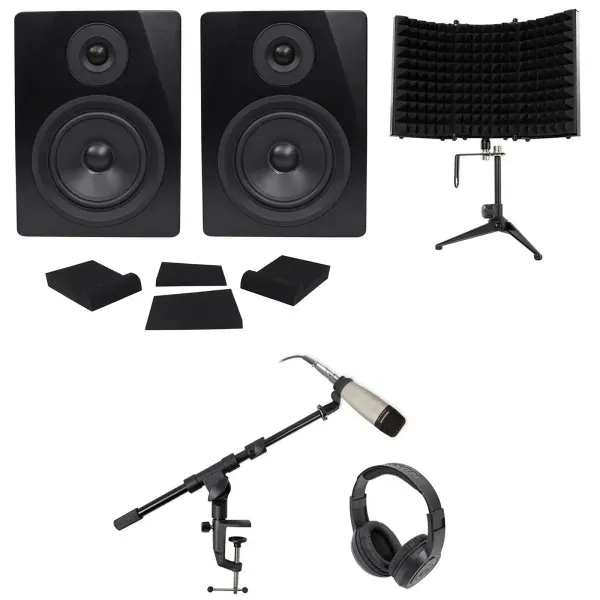 2) Rockville 5.25" 250w Active Studio Monitors+Mic+Headphones+Stand+Shield+Pads