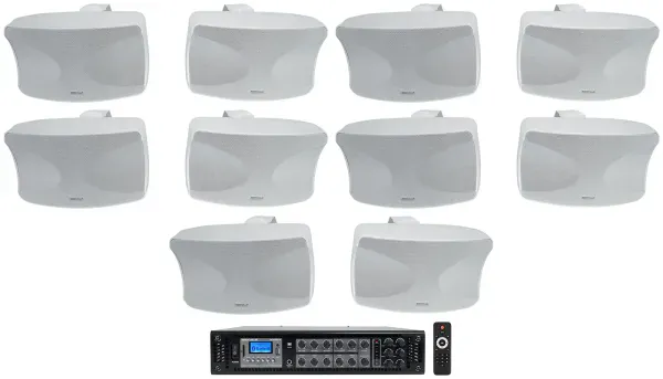 (10) Rockville WET-44 PRO Dual 4" 4-Way Swivel 70V White Commercial Speakers+Amp