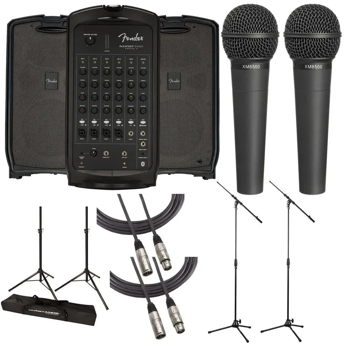 Fender Passport Event Series 2 375W 7-CH PA System with 2x Stands, Mic, Cable