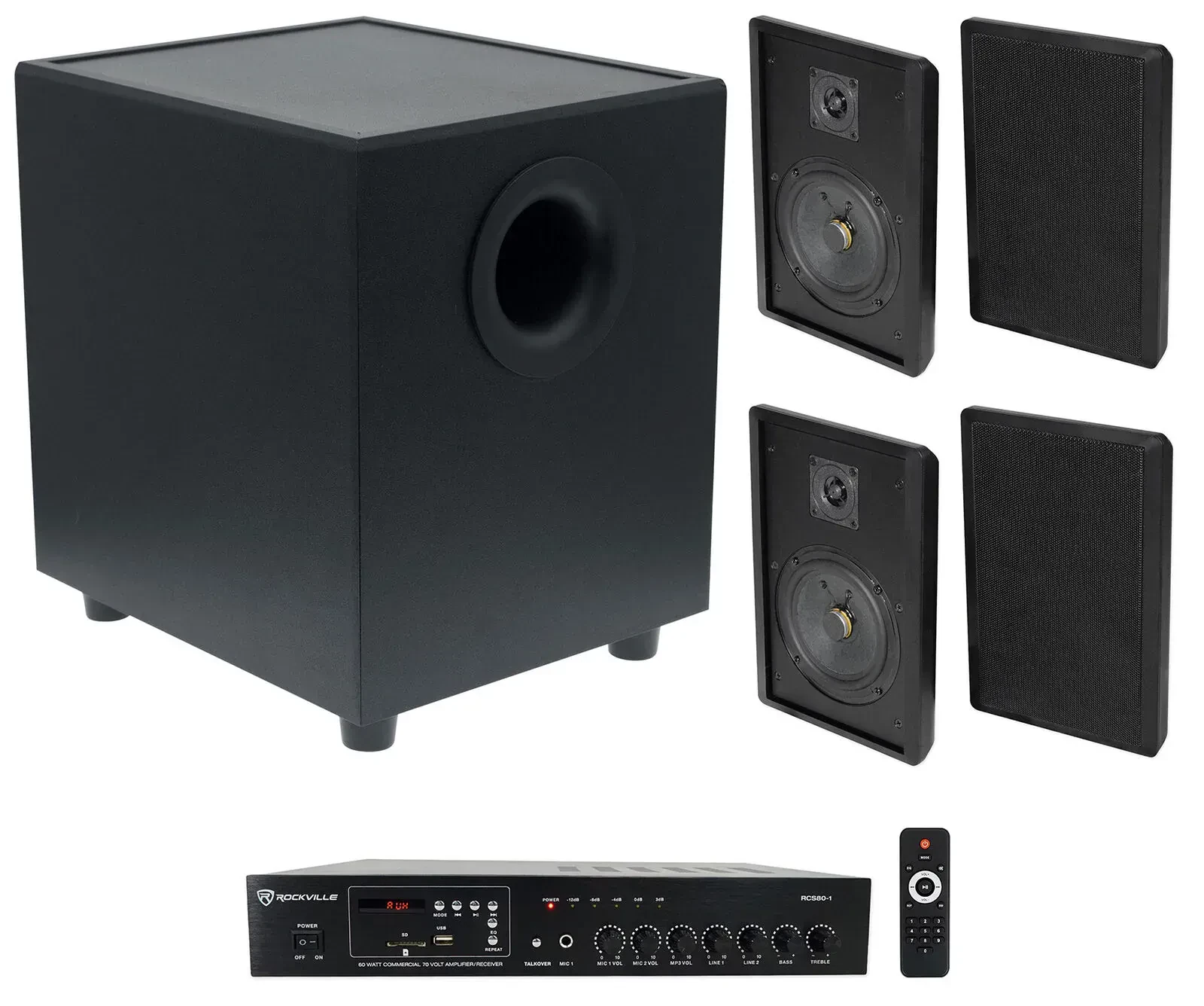 Трансляционный усилитель Rockville RCS80-1 Black с настенной акустикой и сабвуфером