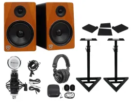 2) Rockville APM8C 8" 500w Powered Studio Monitors+Stands+Pads+Headphones+Mic