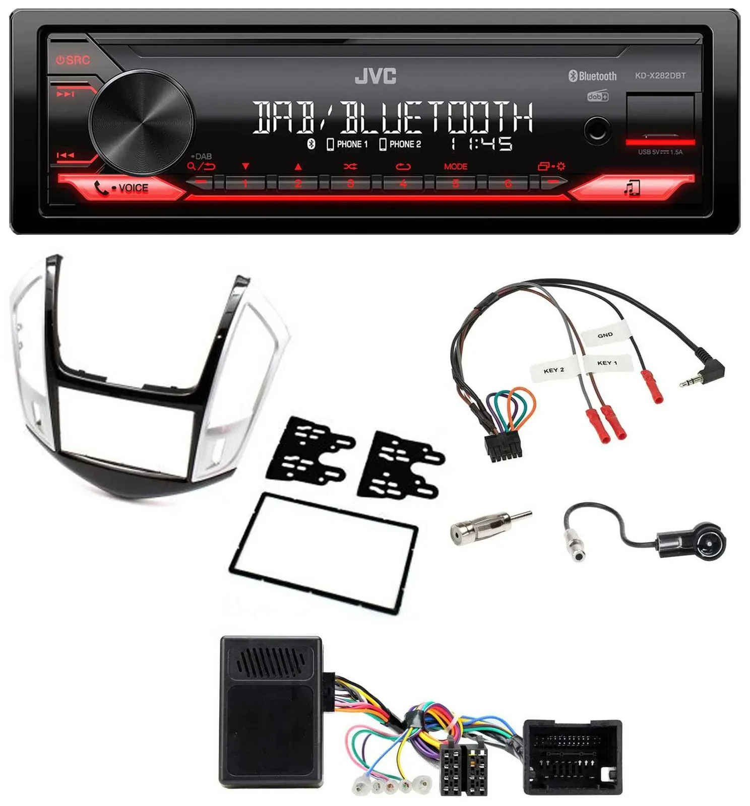 Автомагнитола JVC Bluetooth USB DAB для Chevrolet Cruze 2011–2016 серебристая с поддержкой управления на руле