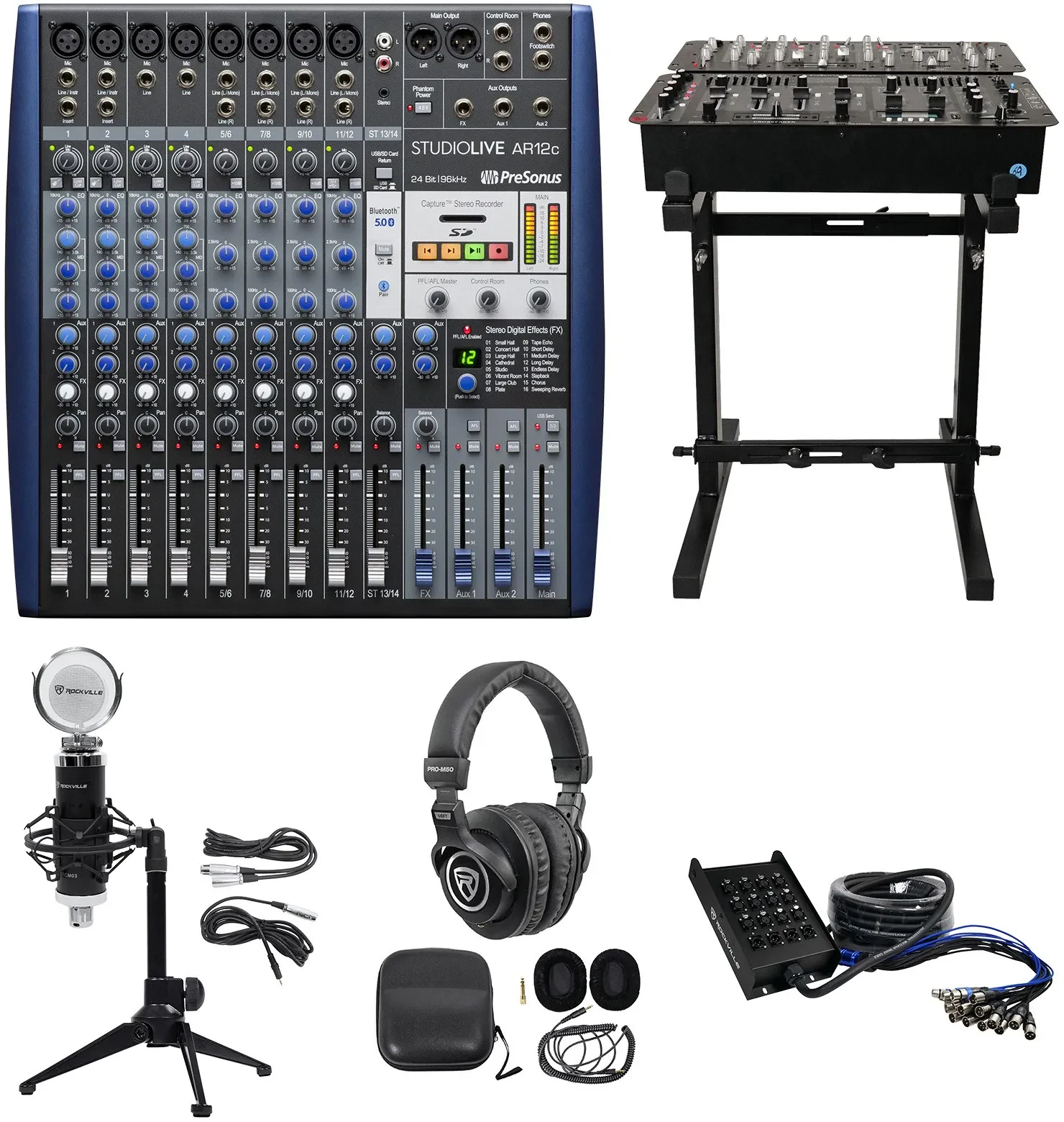 Presonus StudioLive AR16C 16-Ch USB Live Sound/Studio Mixer+Headphones+Stand+Mic