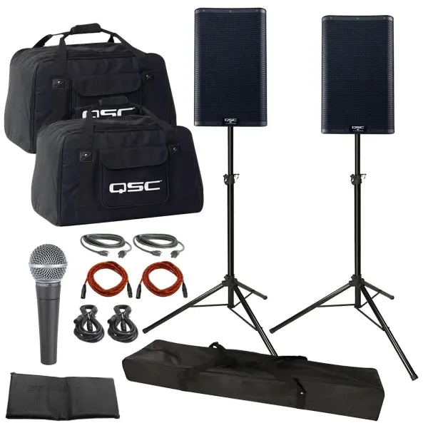 QSC K10.2 K2 Series 10" 2-Way Active DJ PA Speakers Pair w Stands & Cases