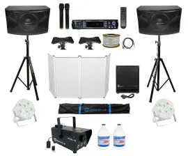 DJ Package w/ (2) 12" 1600w Speakers+Sub+Amp+Facade+Fogger+Lights+Stands+Cables