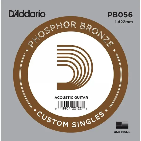 Струна для акустической гитары D'Addario PB056 Phosphor Bronze Custom Singles, фосфорная бронза, калибр 56