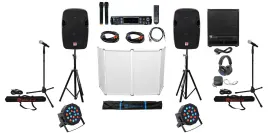 2) 12" DJ Speakers+Sub+Amplifier+Headphones+Facade+Par Lights+Mics+Stands+Cables