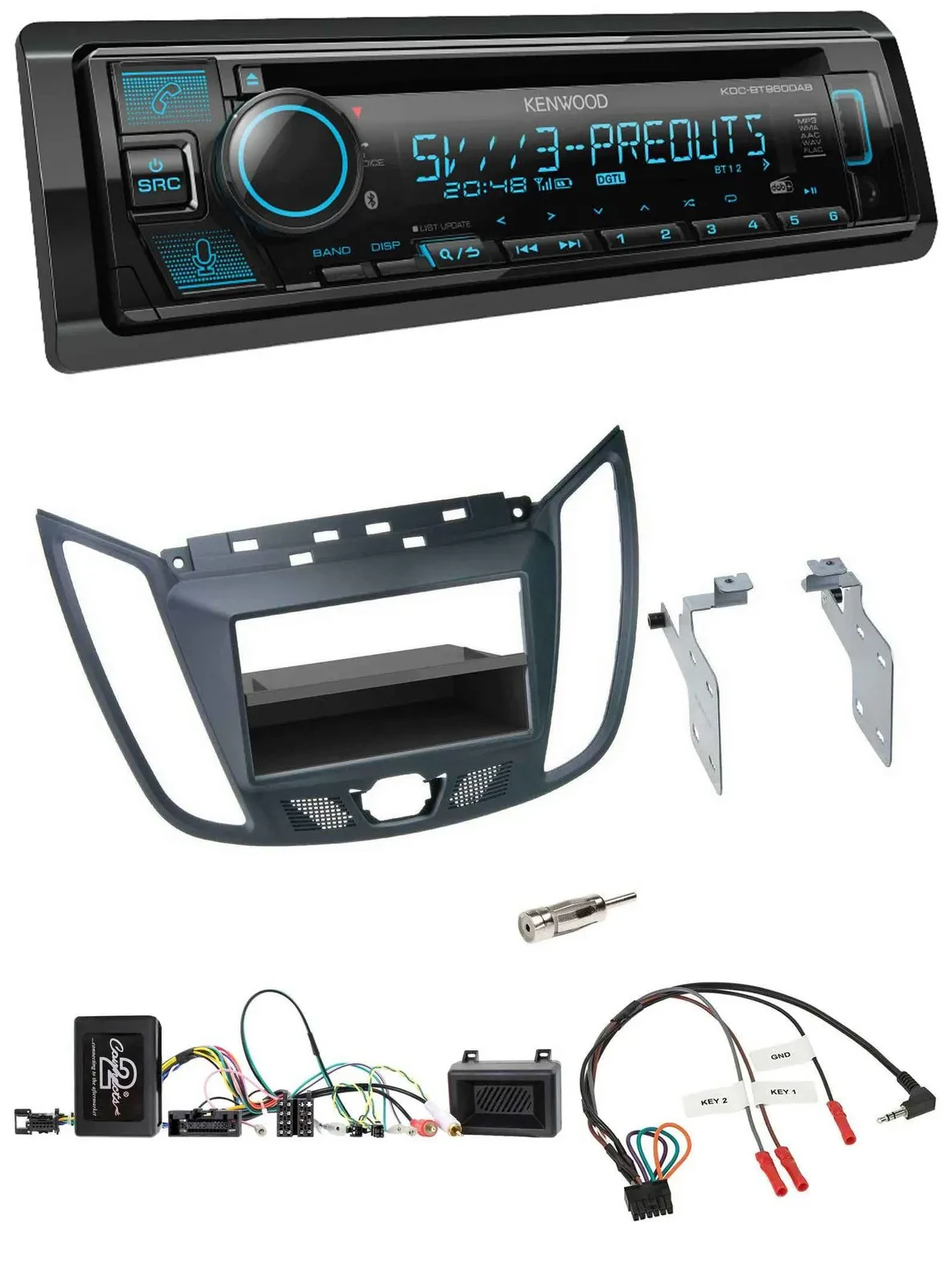 Автомагнитола Kenwood Bluetooth USB CD DAB с поддержкой управления с руля для Ford C-Max/Kuga, темно-серая