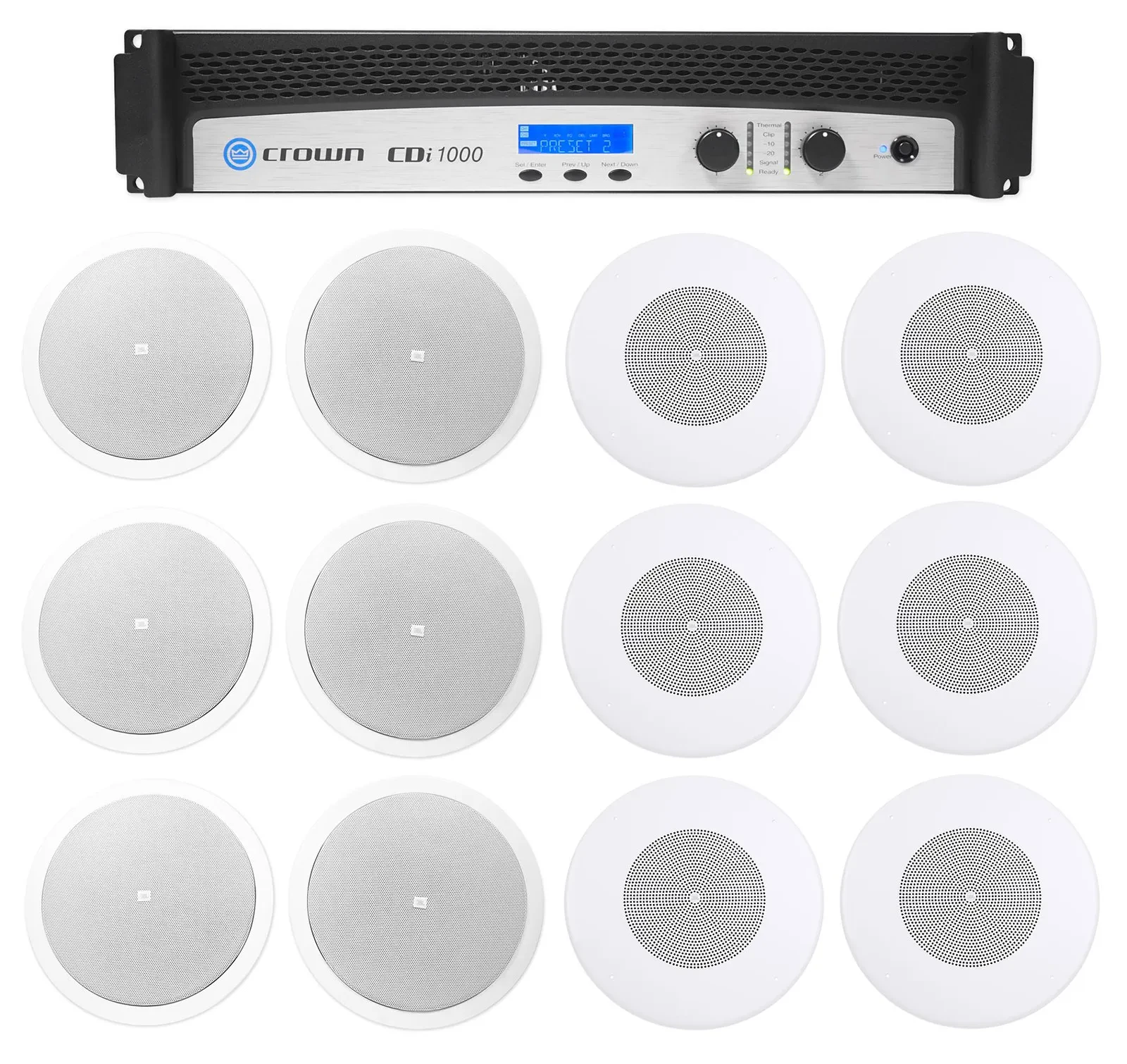 Crown CDi1000 500w 70V Commercial Amplifier+6) Main+6) Background Music Speakers