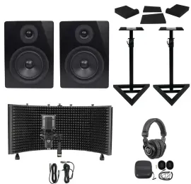 2) Rockville APM5B 5.25" Active Studio Monitors+Stands+Mic+Headphones+Iso Shield