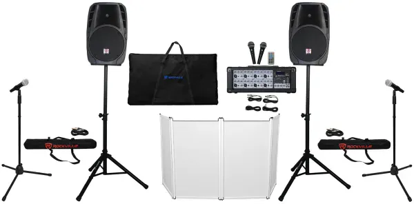 Rockville RPG2X12 Mixer/Amp+12" Bluetooth Speakers+Stands+Mics+Headphones+Facade