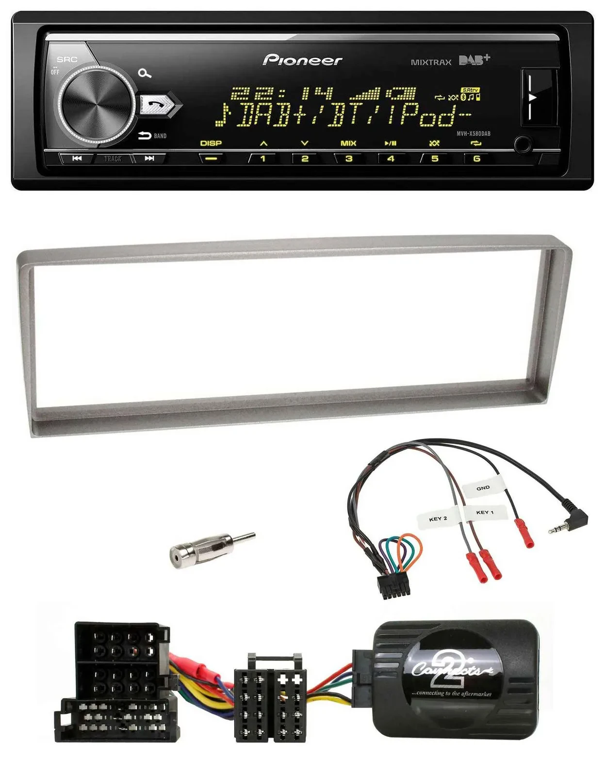 Автомагнитола Pioneer Bluetooth, USB, DAB для Alfa Romeo 156 (с 2003), серебристый, с поддержкой кнопок на руле