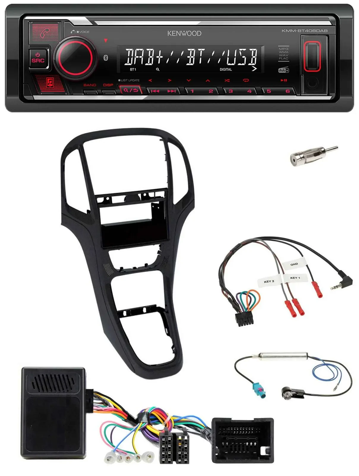 Автомагнитола Kenwood Bluetooth, USB, DAB для Opel Astra J 2009–2016, чёрный перламутровый, с поддержкой кнопок на руле