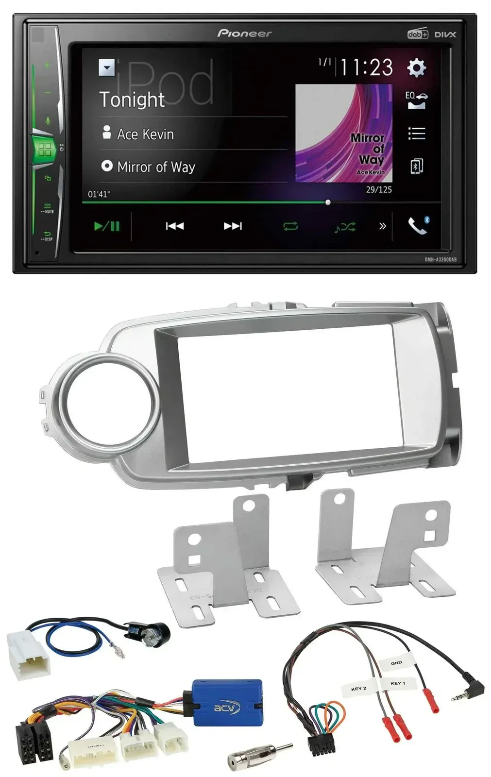 Автомагнитола Pioneer 2DIN DAB USB Bluetooth для Toyota Yaris 2011–2014 серебристая с поддержкой кнопок на руле