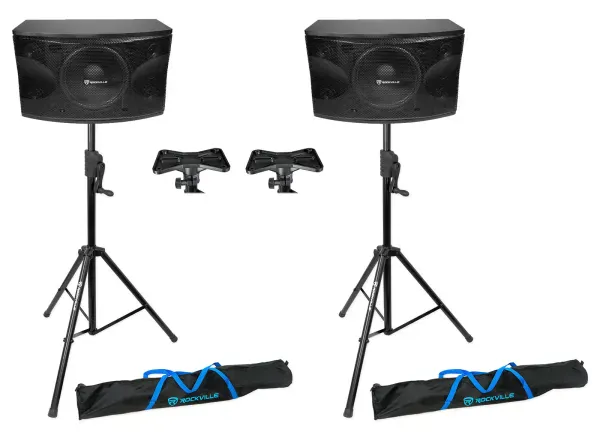 (2) Rockville KPS12 12" 3-Way 1600 Watt Karaoke Speakers+Crank-Up Speaker Stands