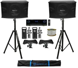 2) Rockville KPS10 10" Karaoke Vocal Speakers+Bluetooth Amplifier Mixer+2) Mics