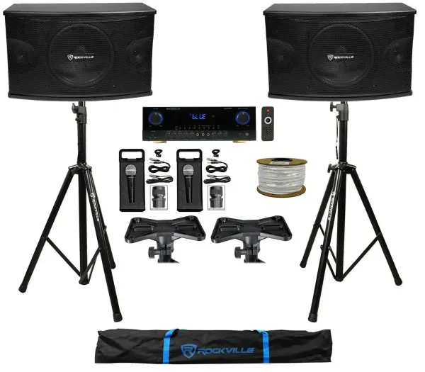 2) Rockville KPS10 10" Karaoke Vocal Speakers+Bluetooth Amplifier Mixer+2) Mics