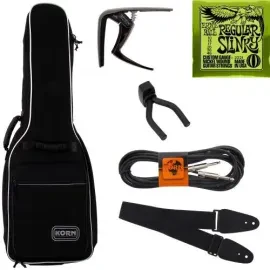 KORN Zubehörpaket E-Gitarre Tasche + Kabel, Gurt, Kapo, Saiten + Wandhalter Neu
