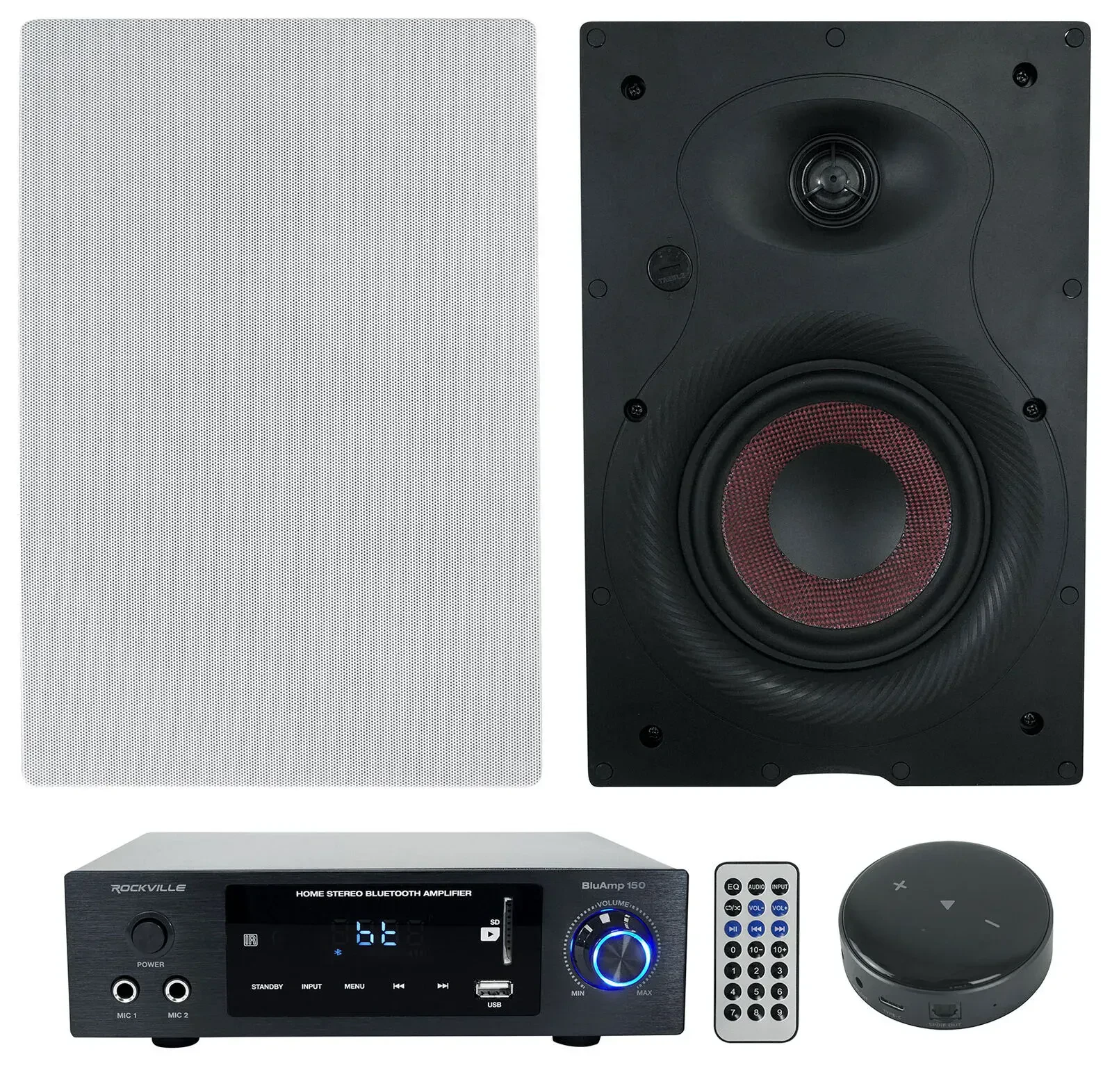 Усилитель мощности Rockville BLUAMP 150 + WA658 6.5" In‑Wall Speakers (2 шт.) + WiiM Mini Wi‑Fi Receiver (набор)