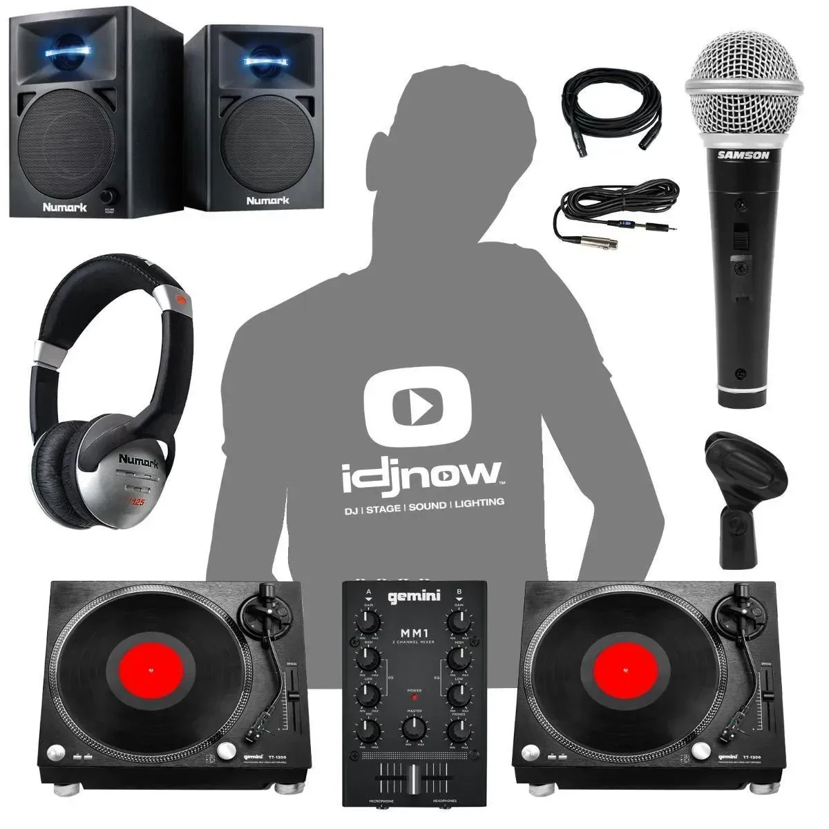 Gemini TT-1200 Belt Drive Turntable Pack W/ MM1 2-CH DJ Mixer + Speakers +Mic