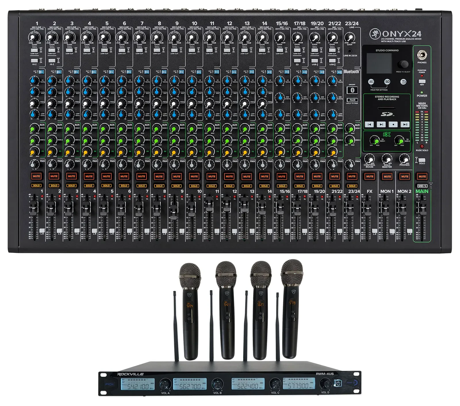 Mackie ONYX24 24-Channel Analog Mixer w/USB/3-Band EQ+Bluetooth+4) Wireless Mics