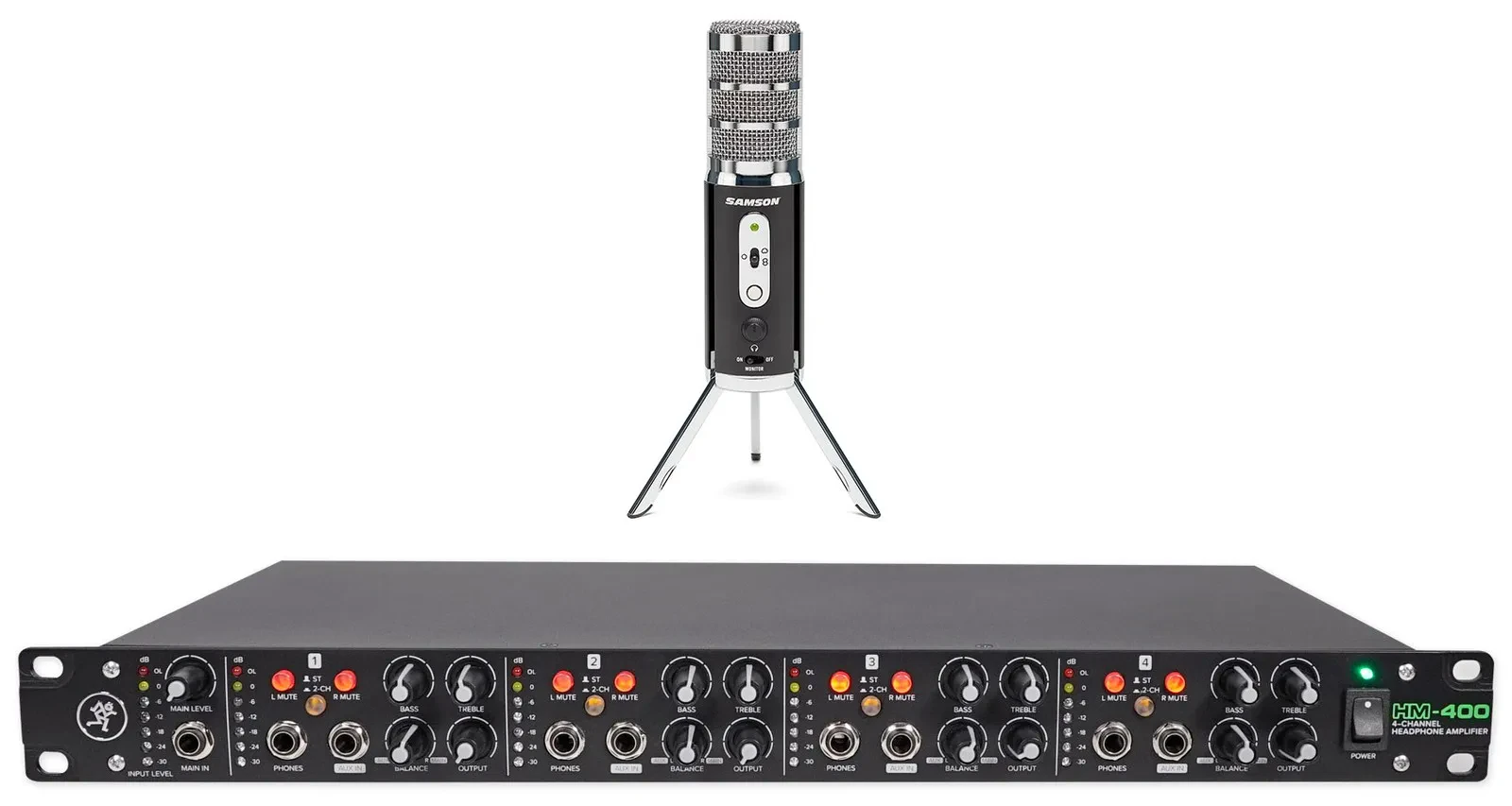 Mackie HM-400 Pro Rackmount 4-Channel Headphone Amplifier+Samson Microphone