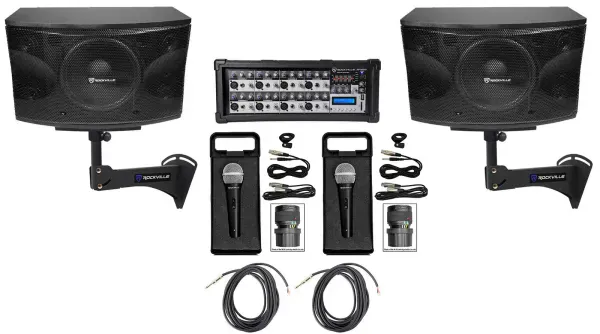 Pair Rockville KPS12 12" 3-Way 1600w Karaoke Speakers+Mixer+Wall Brackets+Mics