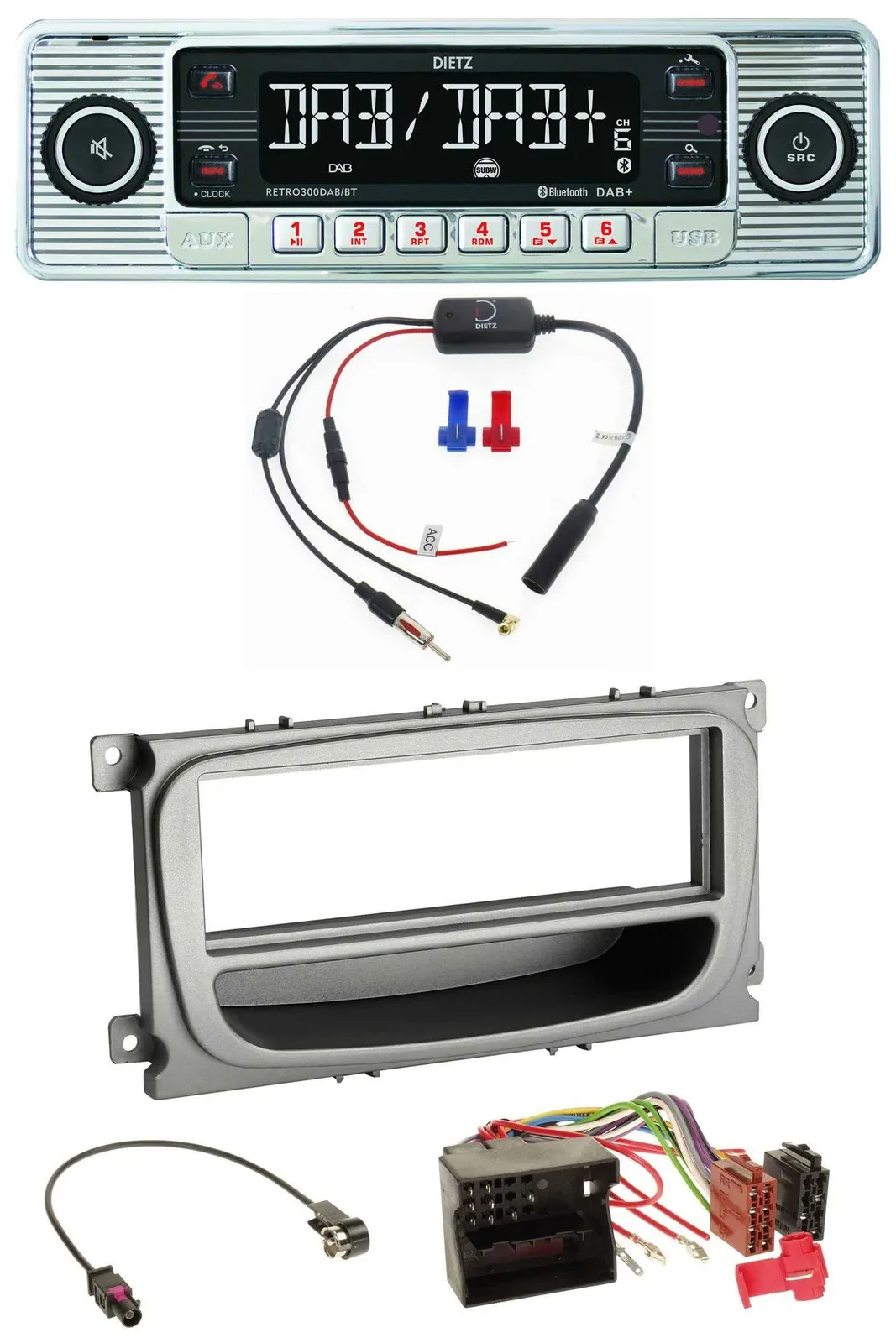 Автомагнитола Dietz для Ford Focus/Galaxy/C-Max (с 2007), серебристая, DAB, USB, MP3, Bluetooth