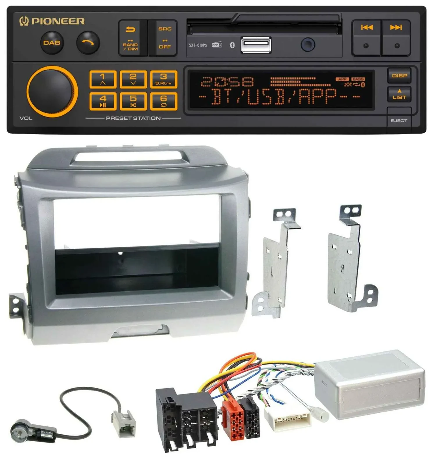 Автомагнитола для Kia Sportage 3 (2010–2015) Pioneer DAB, USB, Bluetooth, навигация, поддержка кнопок на руле, цвет: серебристый