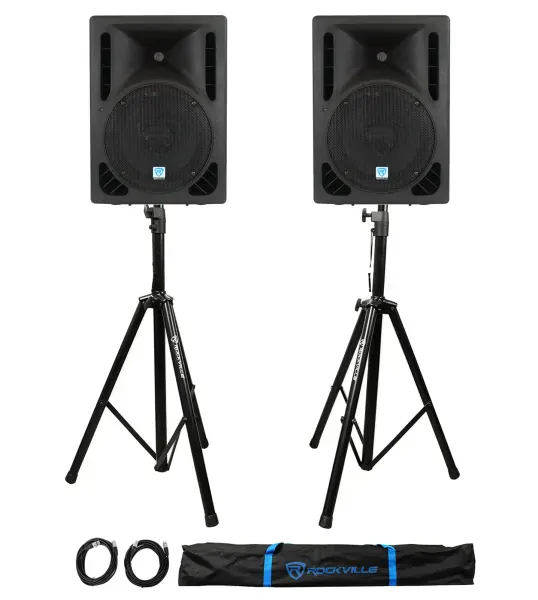 (2) Rockville RPG10BT 10" 1200w Powered BlueTooth/USB DJ Speakers+Stands+Cables