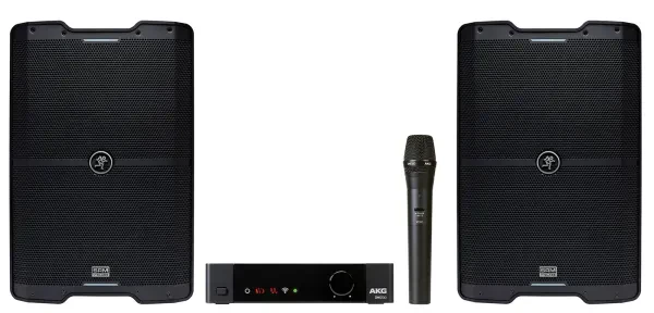 (2) Mackie SRM210 V-Class 10” 2000w PA DJ Speakers w/Bluetooth+AKG Wireless Mic