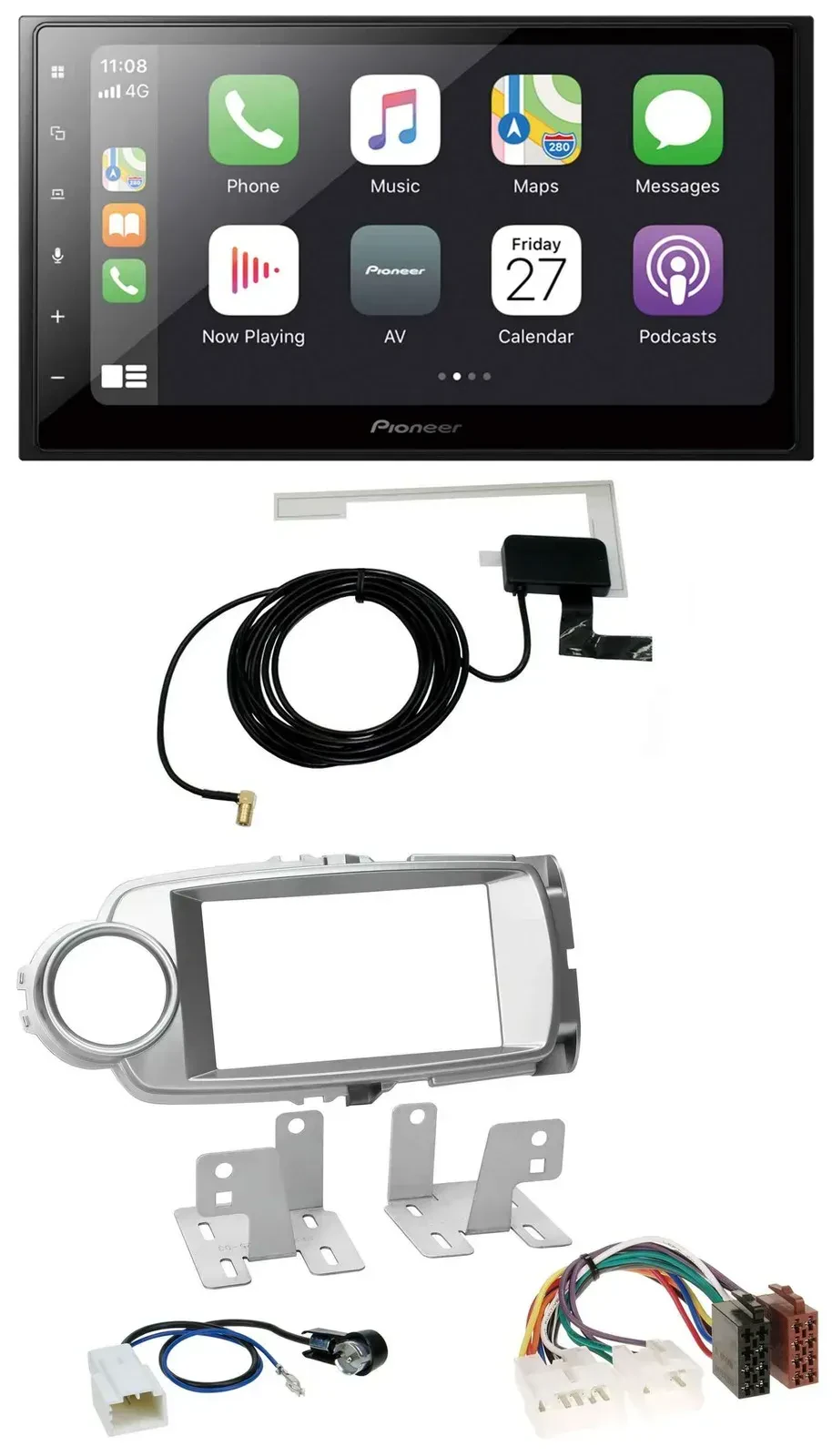 Автомагнитола Pioneer 2DIN USB Bluetooth DAB для Toyota Yaris 2011–2014, серебристая