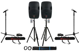 (2) Rockville BPA12 12" Pro Active 600w DJ PA Speaker w Bluetooth+Stands+Mics