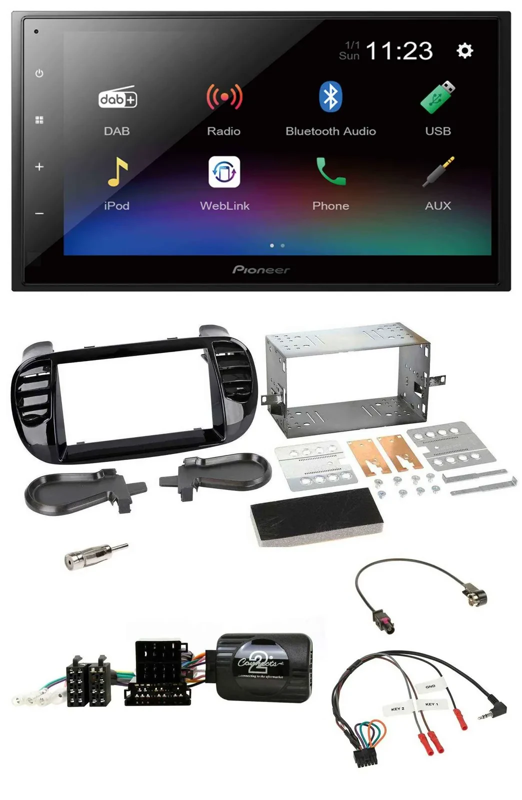 Pioneer USB Bluetooth DAB 2DIN Lenkrad Autoradio für Fiat 500 Fakra 08-15 schwar