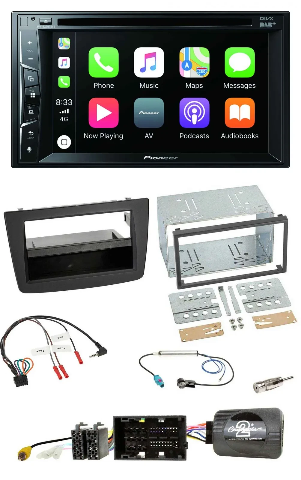 Автомагнитола Pioneer 2DIN, USB, DVD, Bluetooth, DAB, поддержка управления с руля, для Alfa Romeo Mito (2014–2018), черный