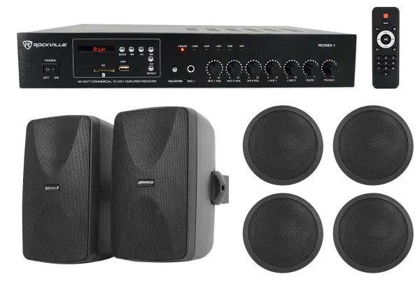 Rockville 70v Commercial/Restaurant Amplifier+2) Black Wall+4) Ceiling Speakers