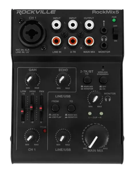 Rockville RockMix 5 5 Channel Pro Mixer w/USB Interface, Bluetooth, Echo, EQ