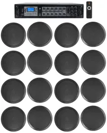 Rockville Commercial Receiver+(16) 8" 2Way Black Ceiling Speakers 4 Hotel/Office