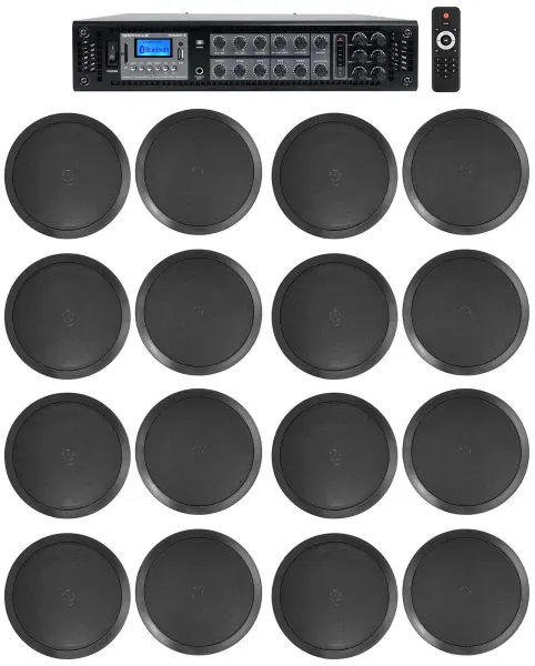 Rockville Commercial Receiver+(16) 8" 2Way Black Ceiling Speakers 4 Hotel/Office