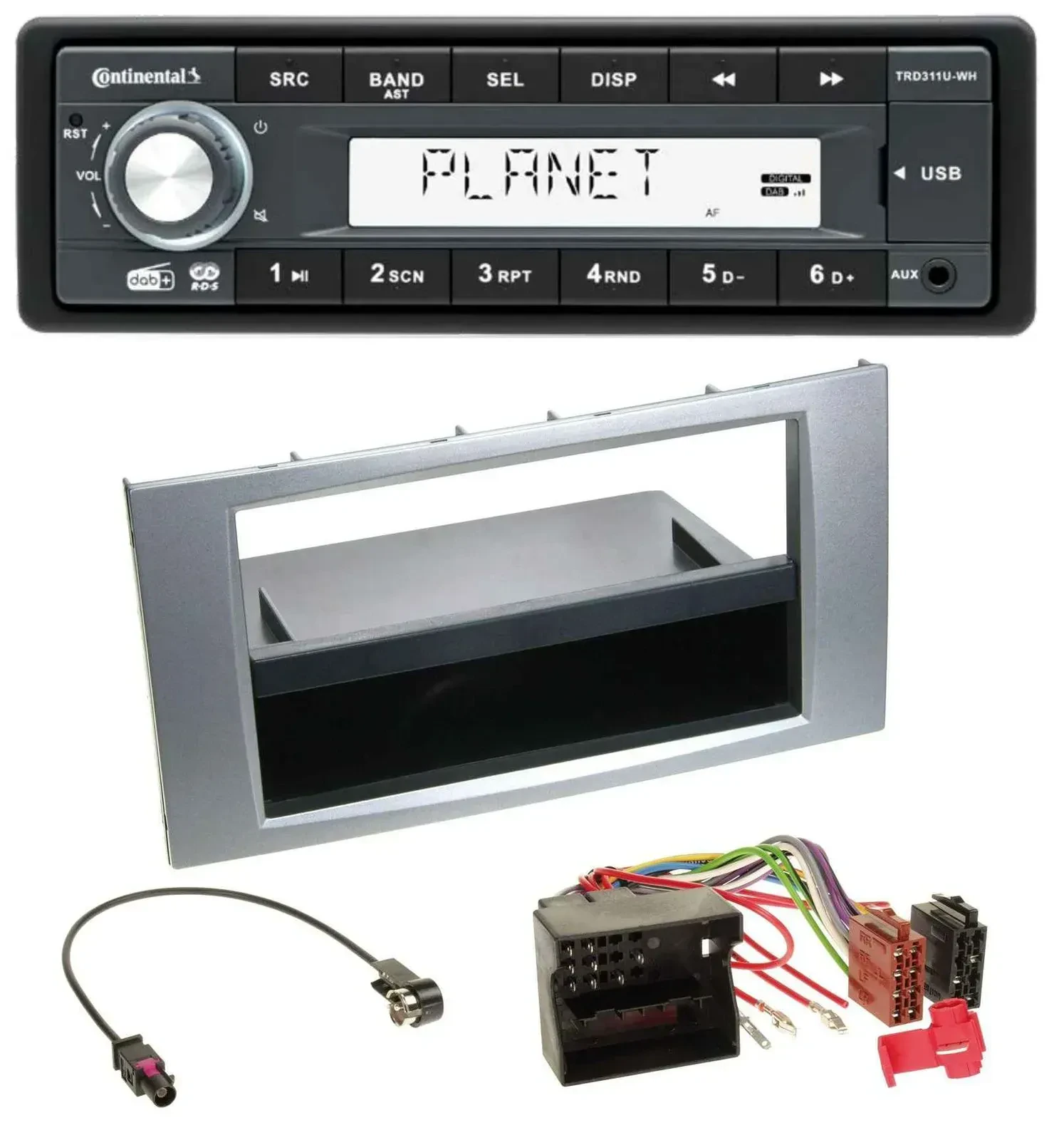 Автомагнитола Continental 1DIN MP3 USB AUX DAB для Ford Fiesta/Focus (2004–2008) серебристая