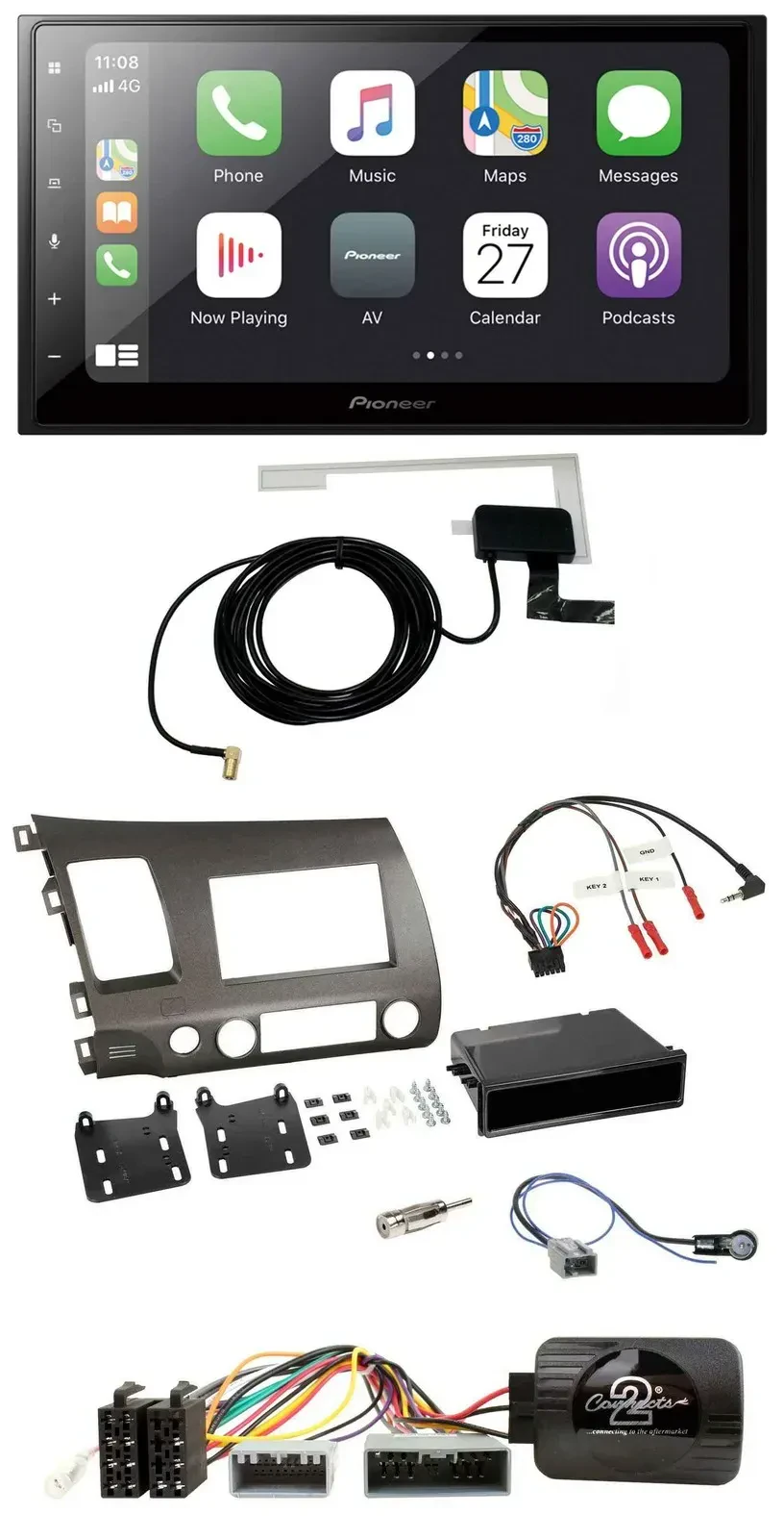 Автомагнитола для Honda Civic 2006–2010 Hybrid Pioneer 2DIN Bluetooth, DAB, USB, поддержка управления с руля