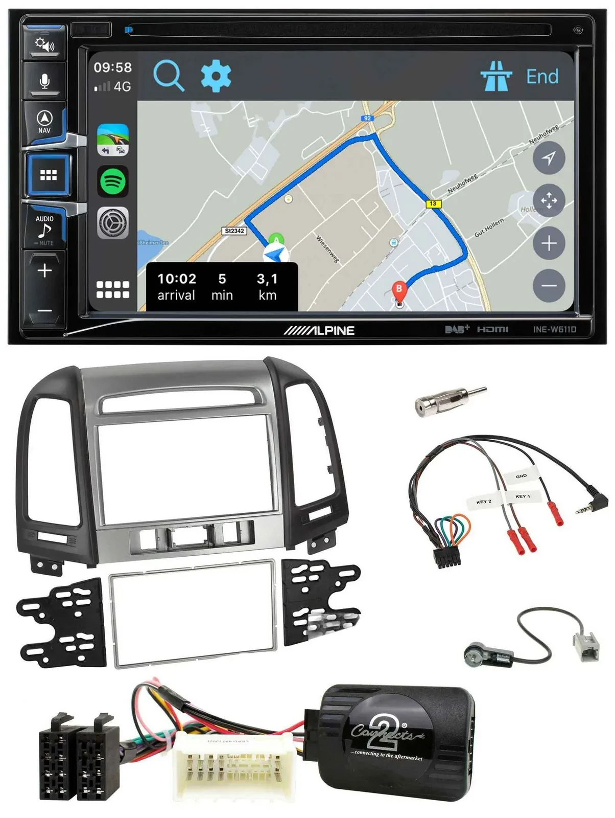 Автомагнитола Alpine 2DIN, DAB, TMC, Bluetooth, USB, навигация, для Hyundai Santa Fe 3, поддержка управления на руле